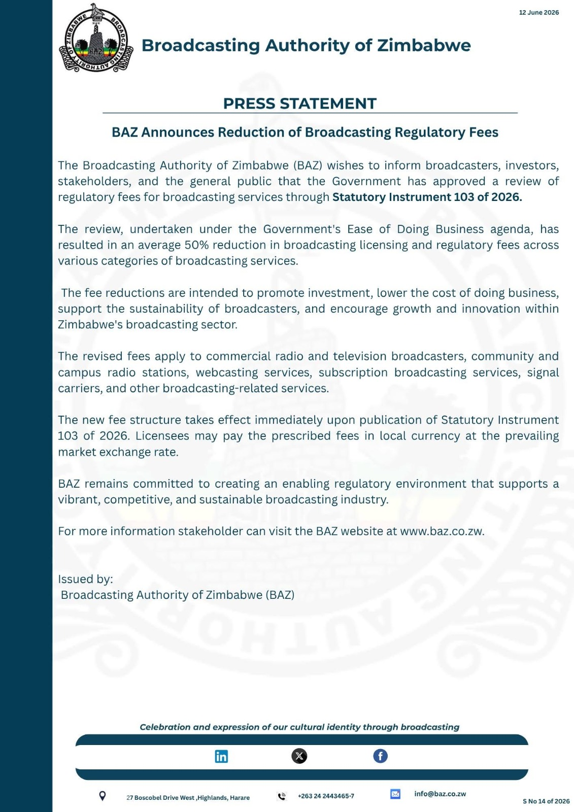 BAZ Announces Reduction of Broadcasting Regulatory Fees