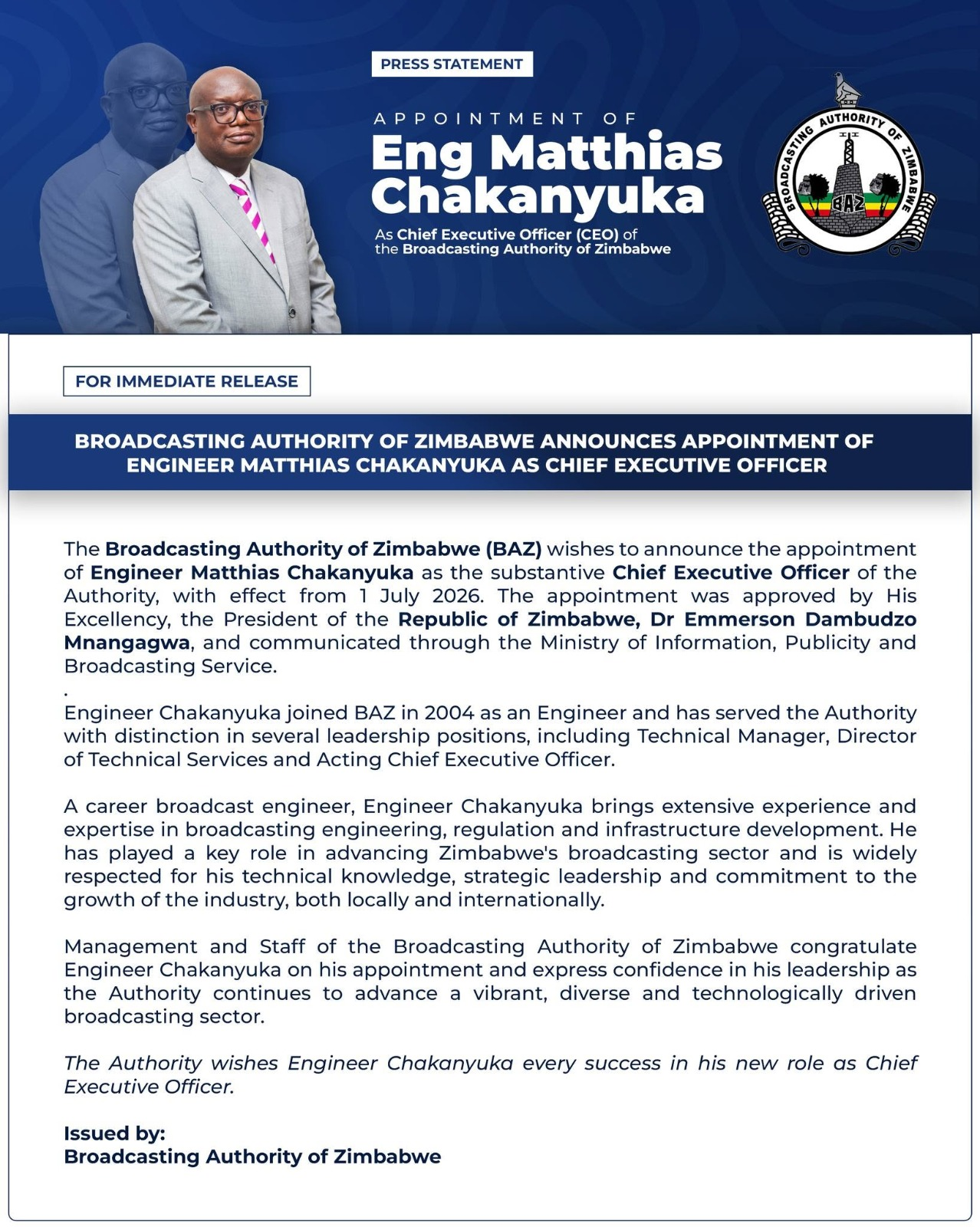 Appointment of Eng Matthias Chakanyuka as Chief Executive Officer